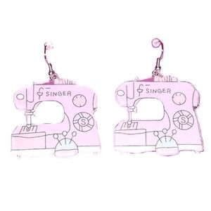 Pink Singer Sewing Machine Fashion Designer Silver Plated Dangle Drop Earrings